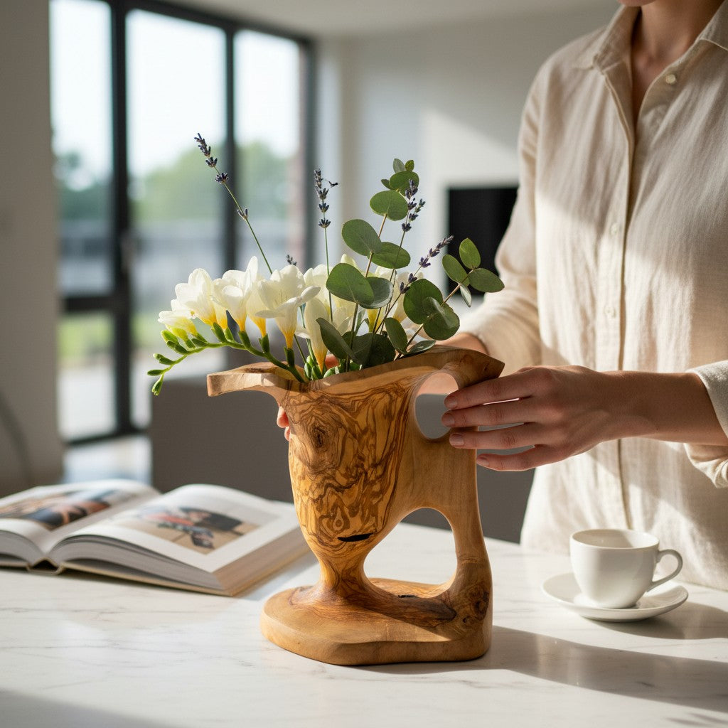 Handcrafted Olive Wood Pitcher Vase (34x20x28cm) | One-of-a-Kind Real Piece