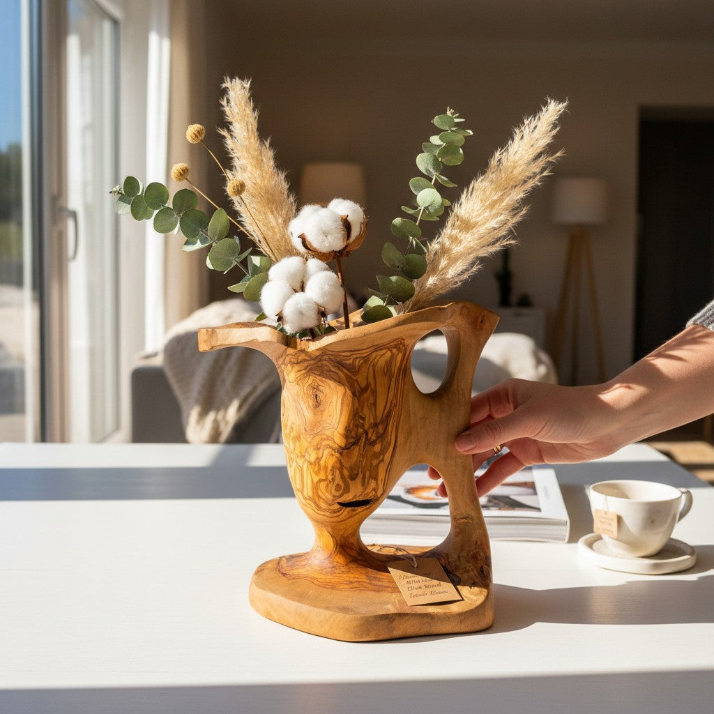 Handcrafted Olive Wood Pitcher Vase (34x20x28cm) | One-of-a-Kind Real Piece