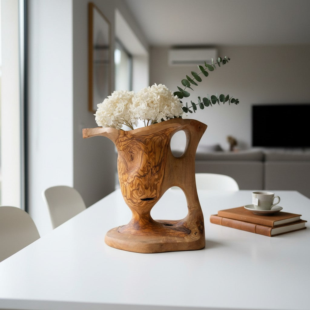 Handcrafted Olive Wood Pitcher Vase (34x20x28cm) | One-of-a-Kind Real Piece