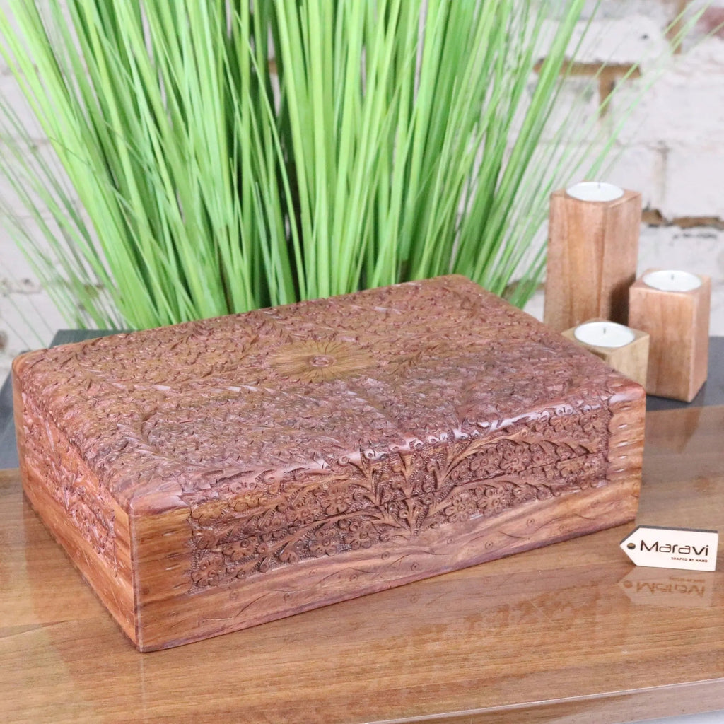 Vansuri Large Hand Carved Wooden Box Velvet Lined