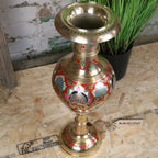 Vintage 60cm Large Brass Vase Hand Painted and Etched - Red