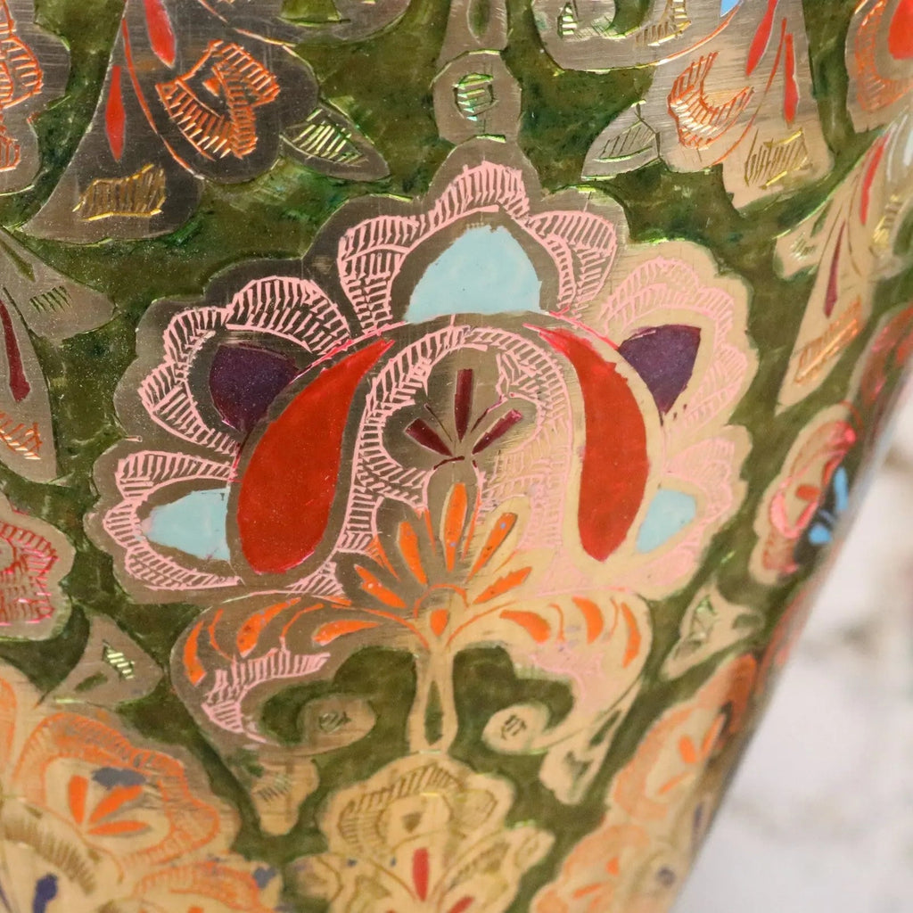 Vintage 92cm Large Brass Vase Hand Painted and Etched - Pink and Green
