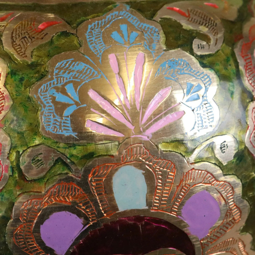 Vintage 92cm Large Brass Vase Hand Painted and Etched - Pink and Green