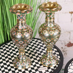 Vintage Brass Vase Pair 38cm Hand Painted and Etched