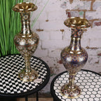 Vintage Brass Vase Pair 45cm Hand Painted and Etched