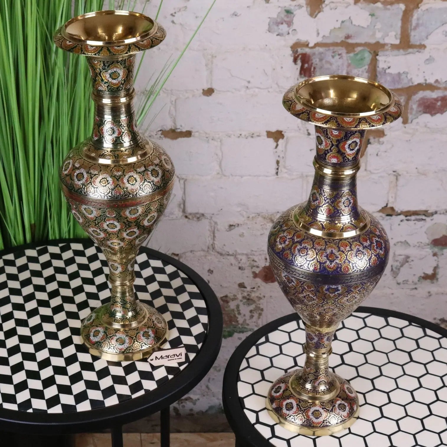 Vintage Brass Vase Pair 45cm Hand Painted and Etched