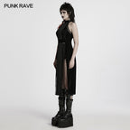Punk Rave Selene Velvet Mesh High Slit Goth Dress In Black