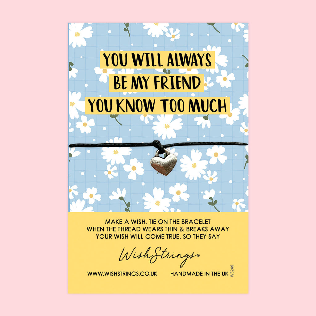 WishStrings ‘You Will Always Be My Friend, You Know Too Much’ Wish Bracelet | Thoughtful Gift for Friendship | Meaningful Keepsake