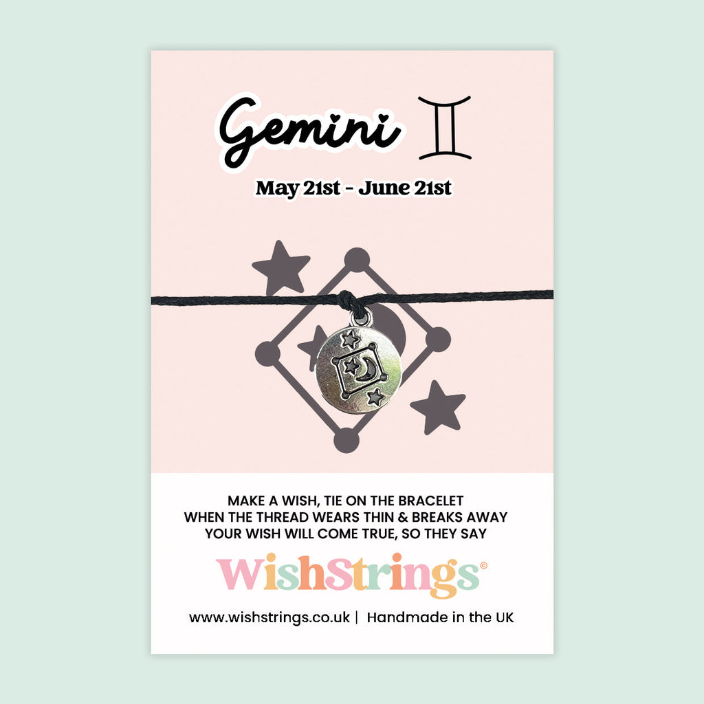 Gemini Star Sign Bracelet – Zodiac Astrology Gift With Birthday Card – Wishstrings Silver Charm