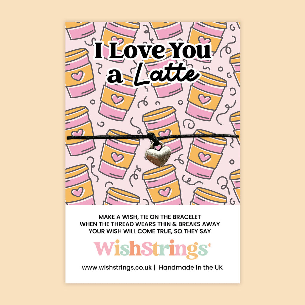 I Love You a Latte WishStrings Wish Bracelet | Cute Coffee Pun Gift | Heart Charm Bracelet on Gift Card | Fun Romantic Token for Coffee Lovers