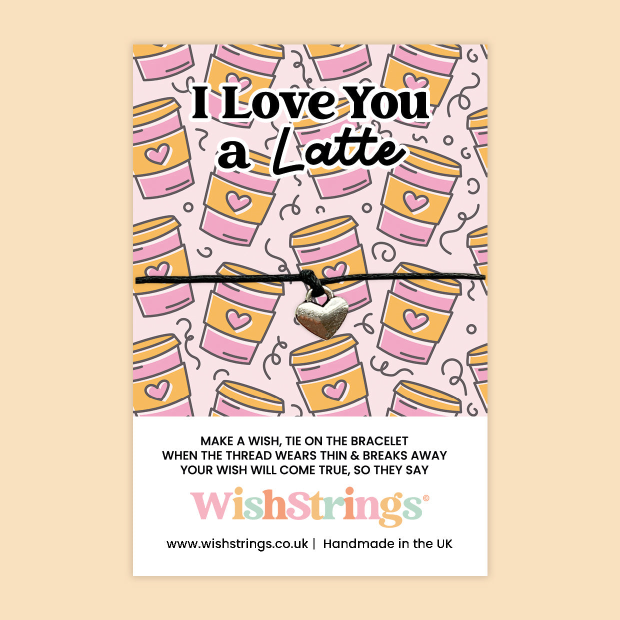 I Love You a Latte WishStrings Wish Bracelet | Cute Coffee Pun Gift | Heart Charm Bracelet on Gift Card | Fun Romantic Token for Coffee Lovers