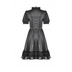 Dark in Love Belladonna Lace-Up High Collar Puff Sleeve Goth Dress in Black