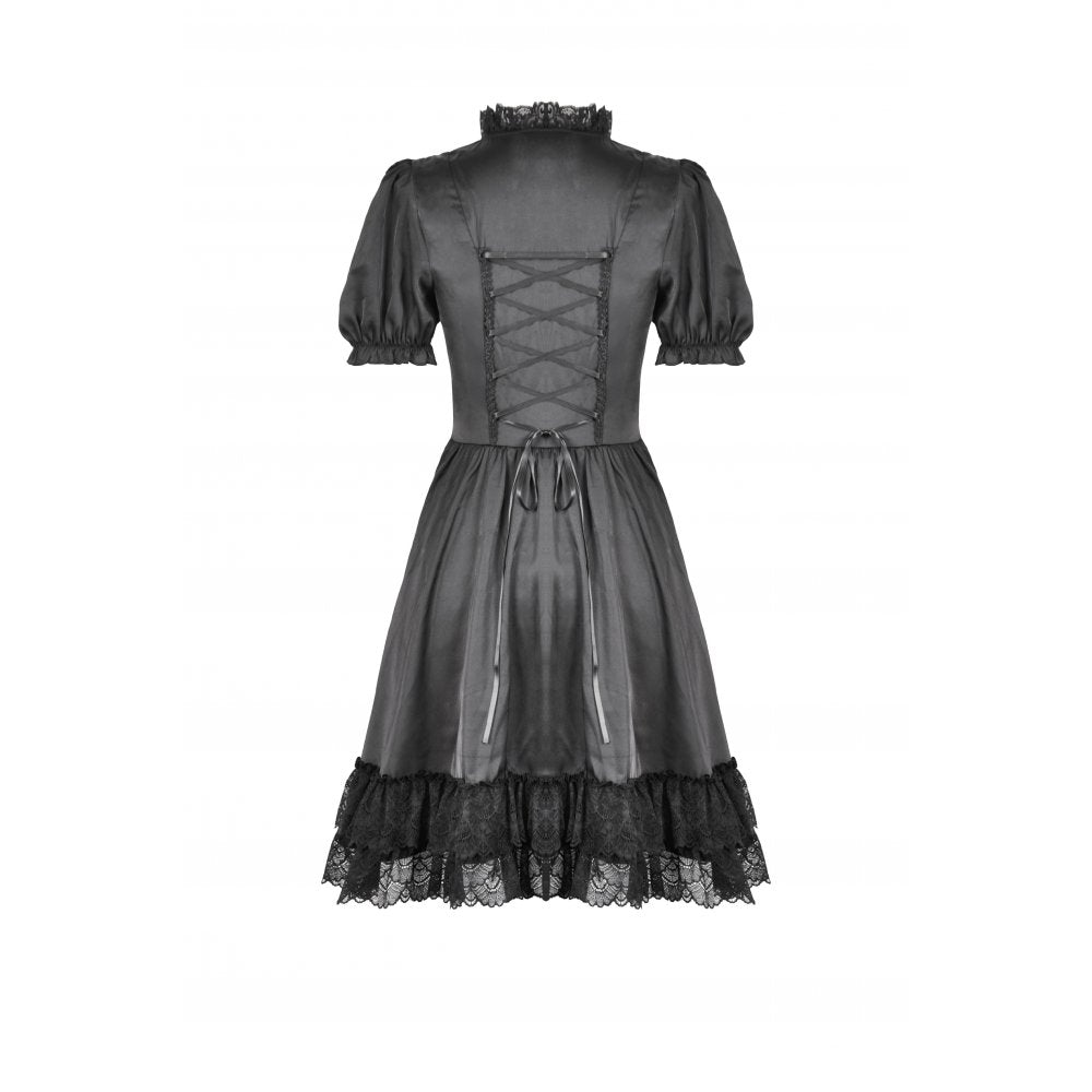 Dark in Love Belladonna Lace-Up High Collar Puff Sleeve Goth Dress in Black