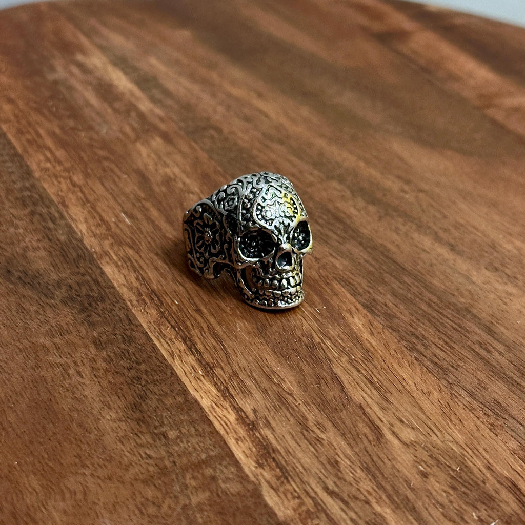 XL Chunky Gothic Sugar Skull Ring Silver Tone - Size T 1/2