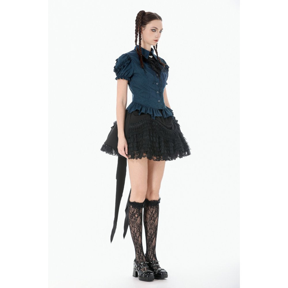 Dark in Love Gothic Academy Striped Puff-Sleeve Blouse