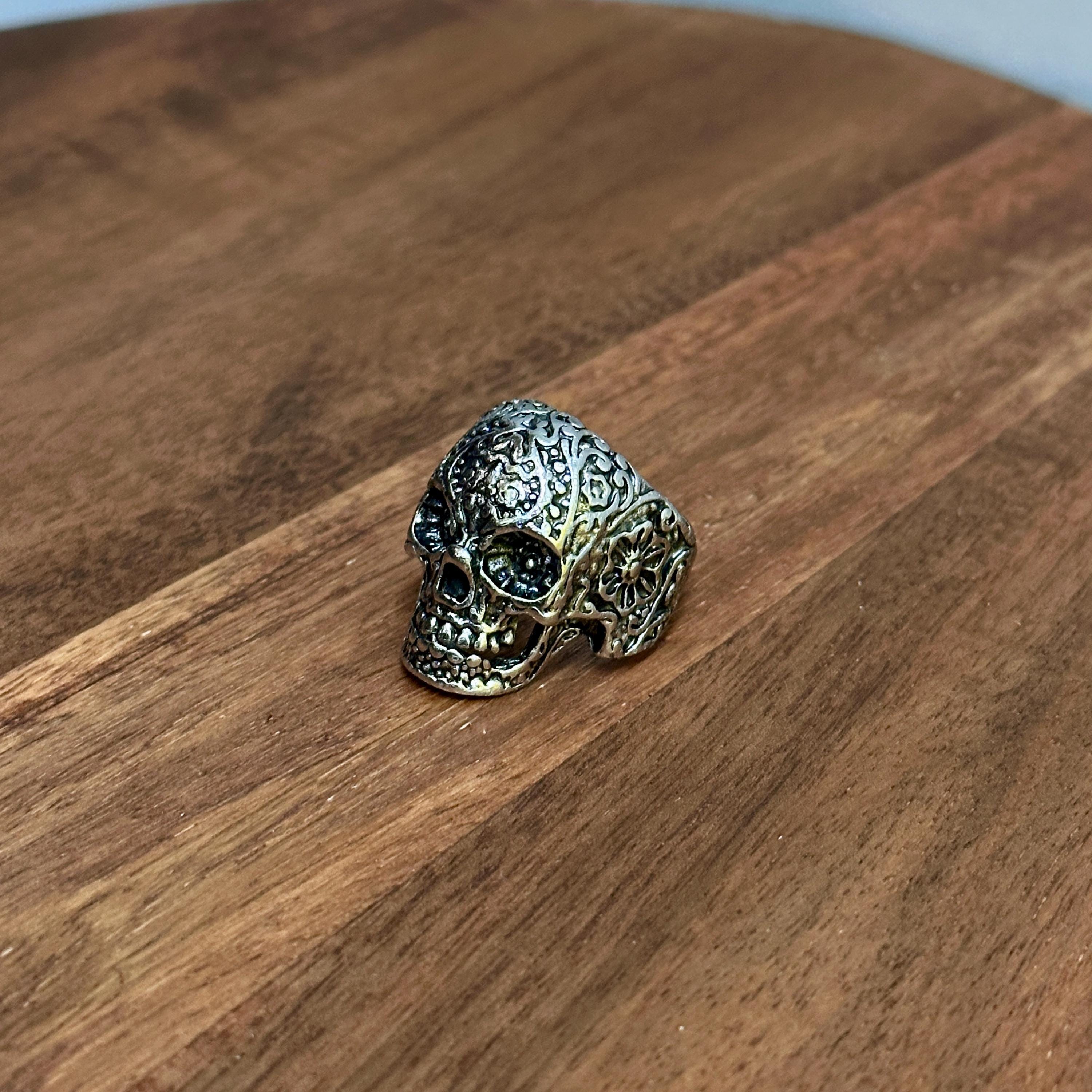 XL Chunky Gothic Sugar Skull Ring Silver Tone - Size T 1/2