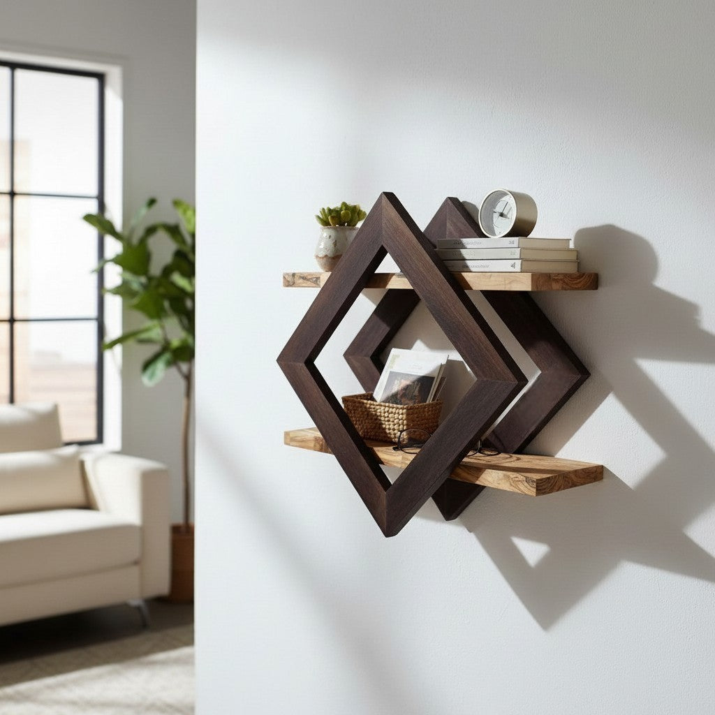 Handmade Geometric olive wood Floating Shelf