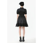 Dark in Love Belladonna Lace-Up High Collar Puff Sleeve Goth Dress in Black