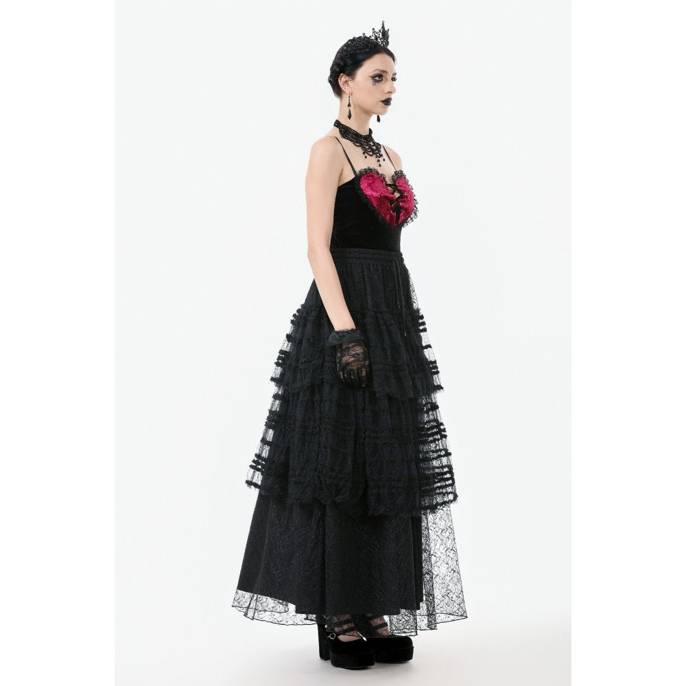 Dark in Love Morticia Gothic Velvet & Lace Skirt in Black