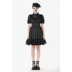 Dark in Love Belladonna Lace-Up High Collar Puff Sleeve Goth Dress in Black