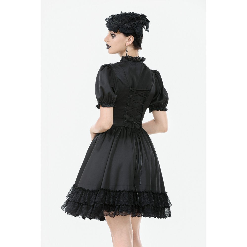 Dark in Love Belladonna Lace-Up High Collar Puff Sleeve Goth Dress in Black