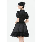 Dark in Love Belladonna Lace-Up High Collar Puff Sleeve Goth Dress in Black