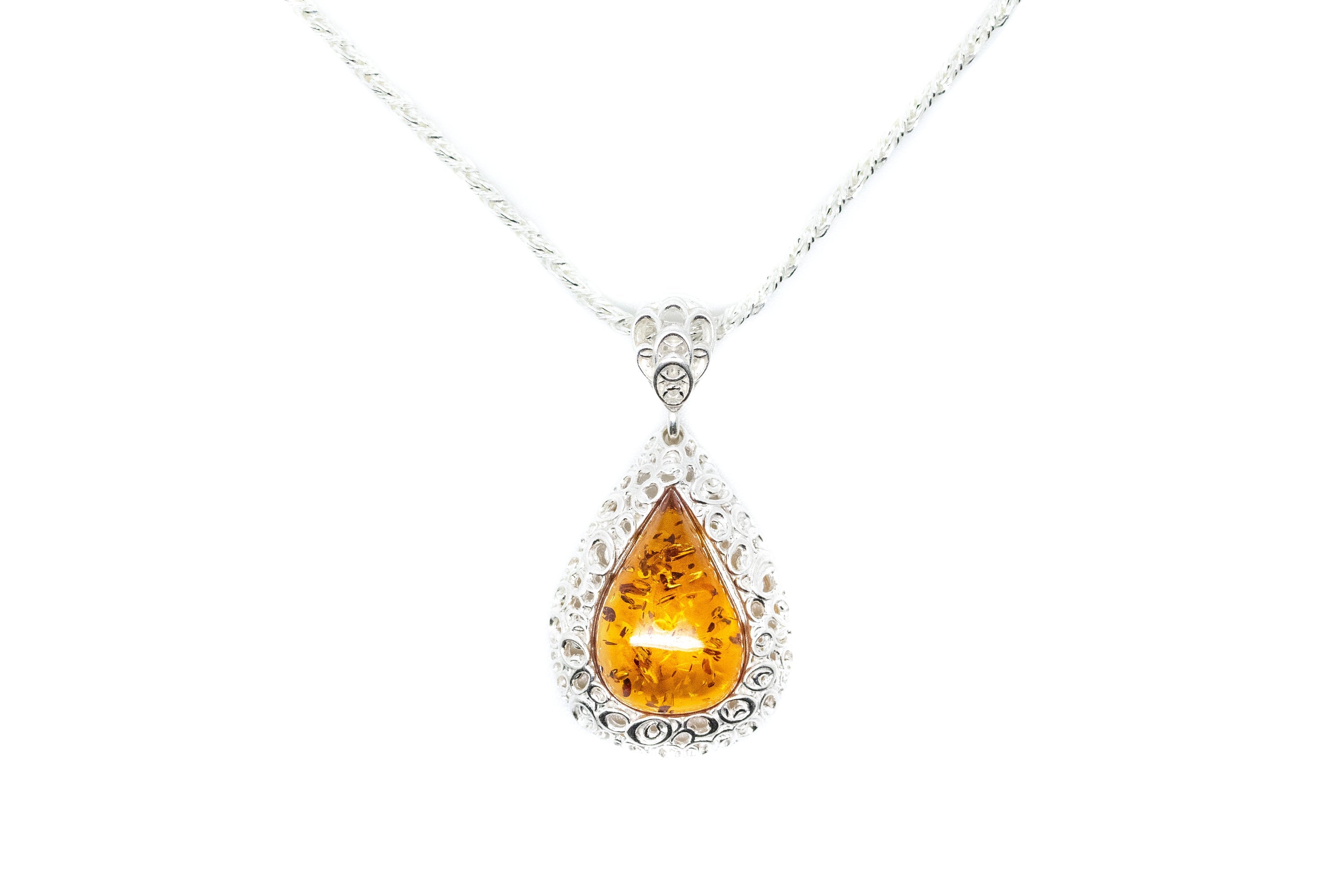 Filigree Frame Amber Teardrop Pendant