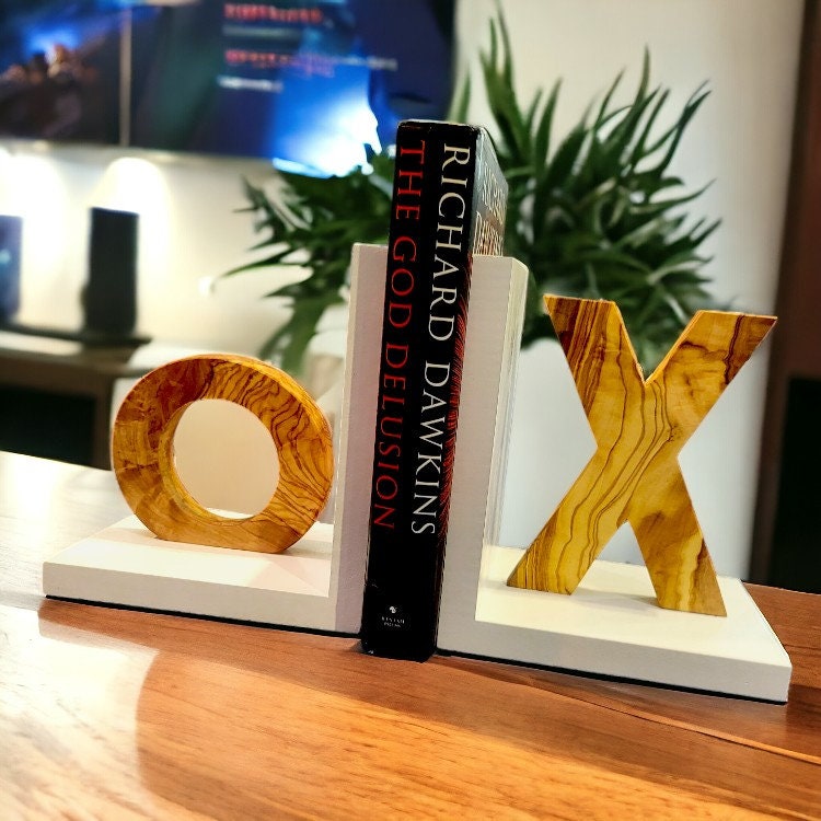 Olive Wood Handcrafted XO Bookends Wooden Bookshelf Organiser