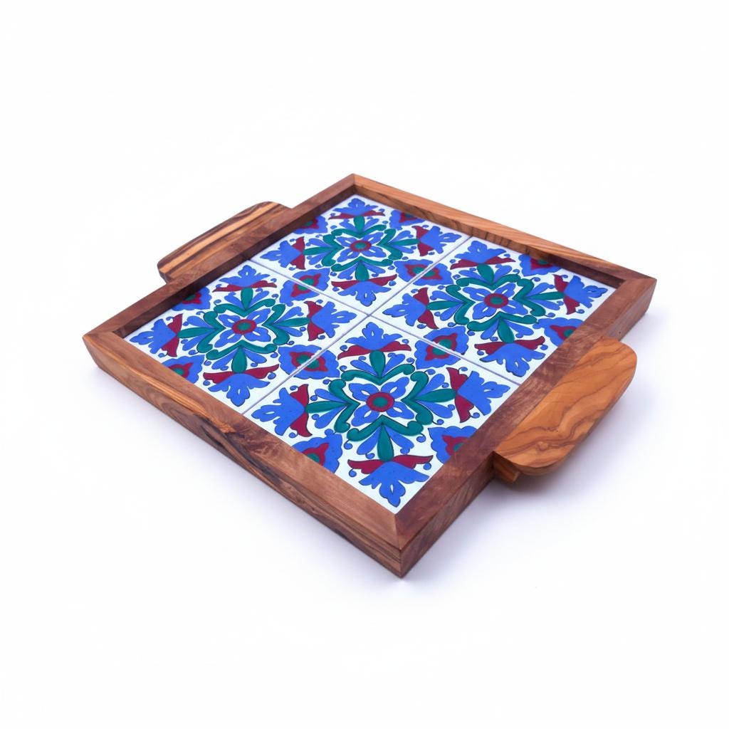 Handcrafted Olive Wood Tray with Hand-Painted Ceramic Tile Center