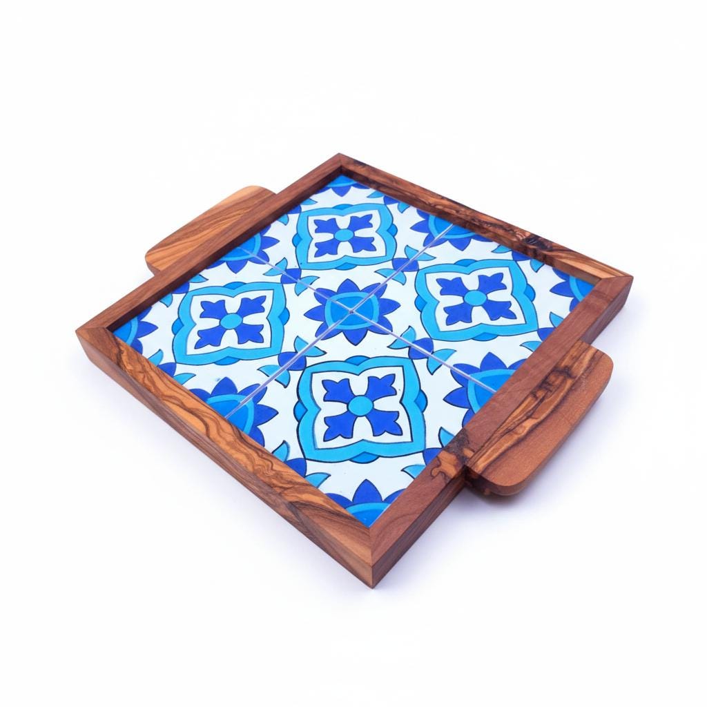Handcrafted Olive Wood Tray with Hand-Painted Ceramic Tile Center