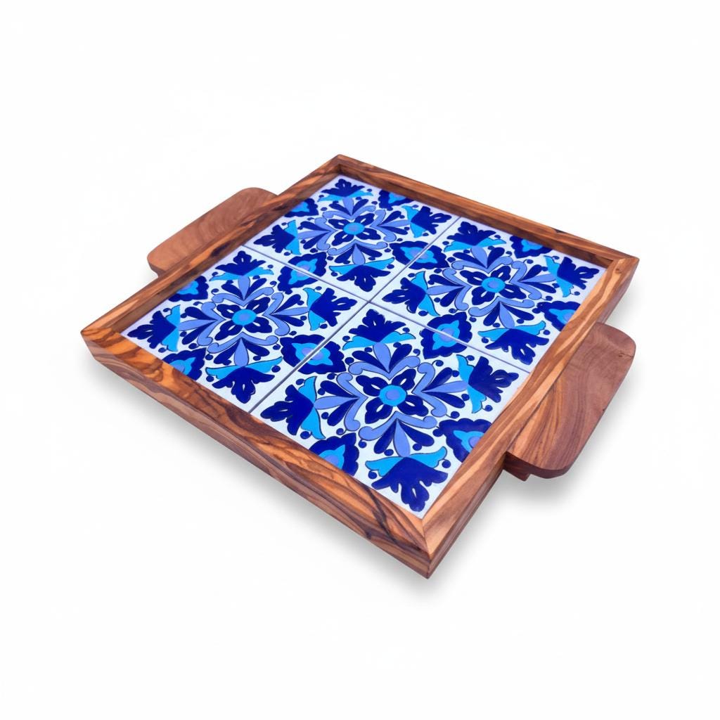 Handcrafted Olive Wood Tray with Hand-Painted Ceramic Tile Center