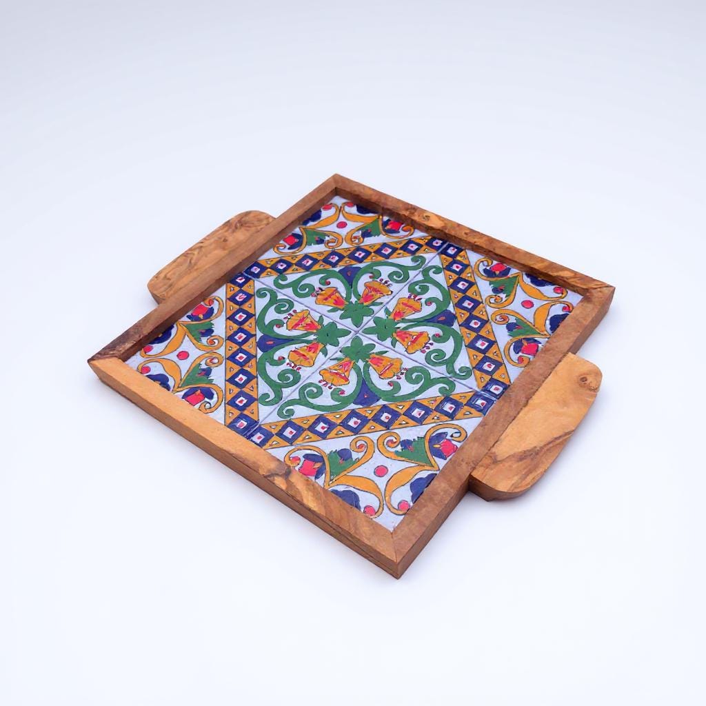 Handcrafted Olive Wood Tray with Hand-Painted Ceramic Tile Center