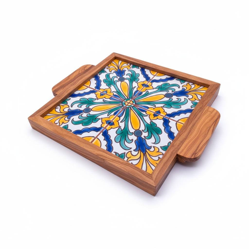 Handcrafted Olive Wood Tray with Hand-Painted Ceramic Tile Center