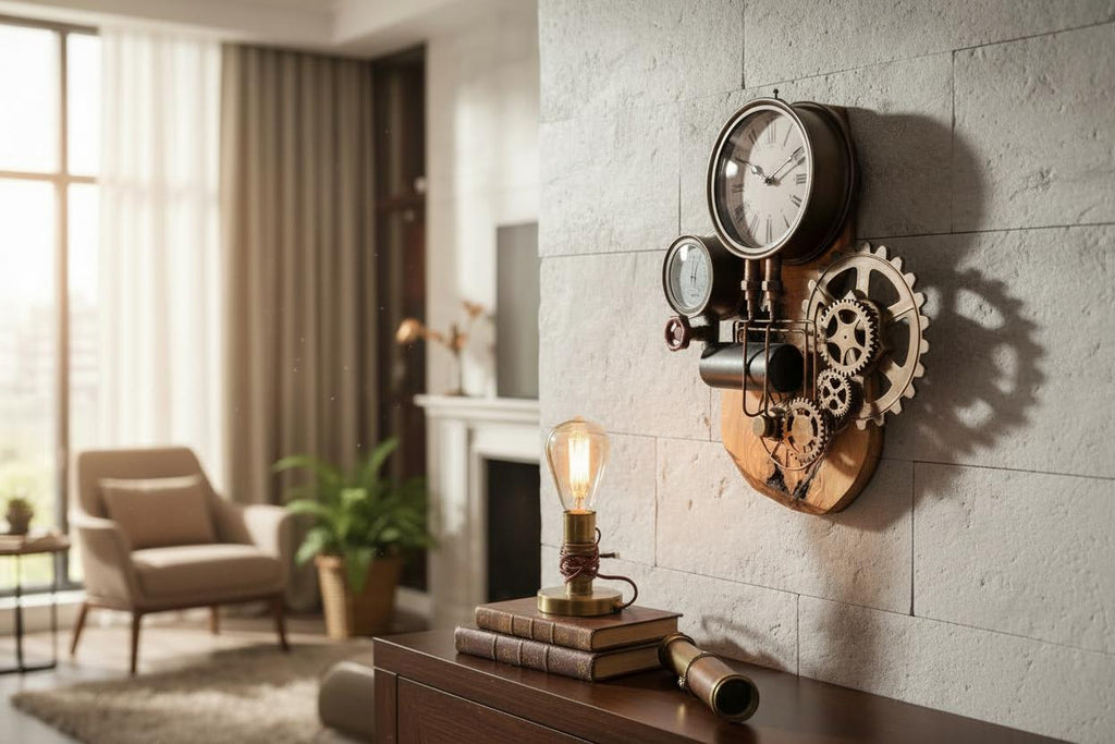 Industrial Steampunk Roman Numeral Olive Wood Clock | Luxury Live Edge Wall Art