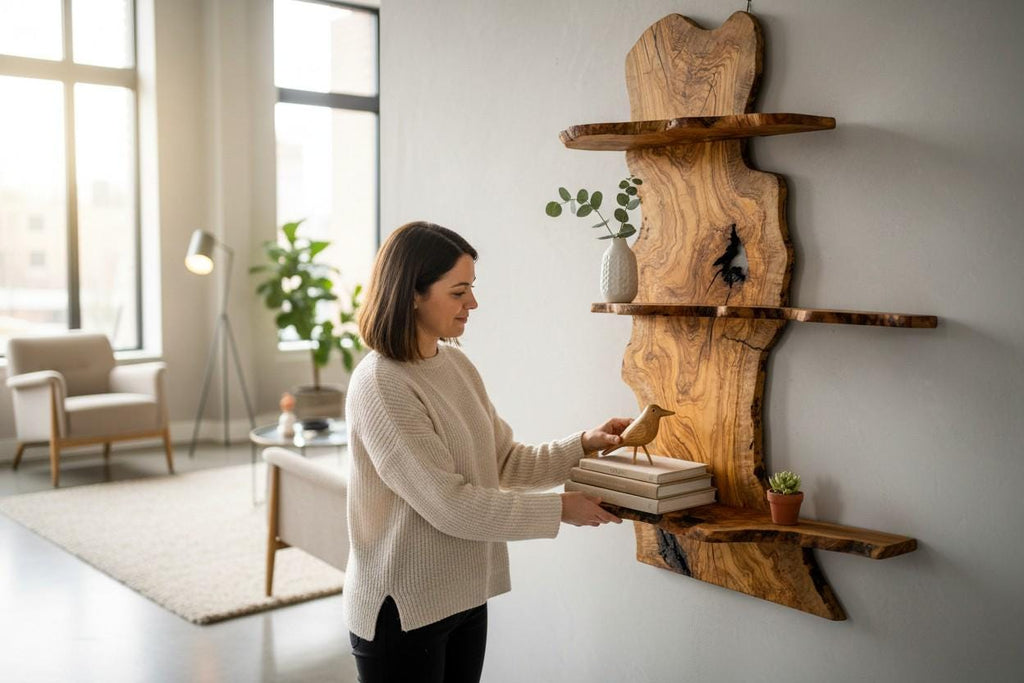 Handcrafted Live Edge Olive Wood Floating Shelf