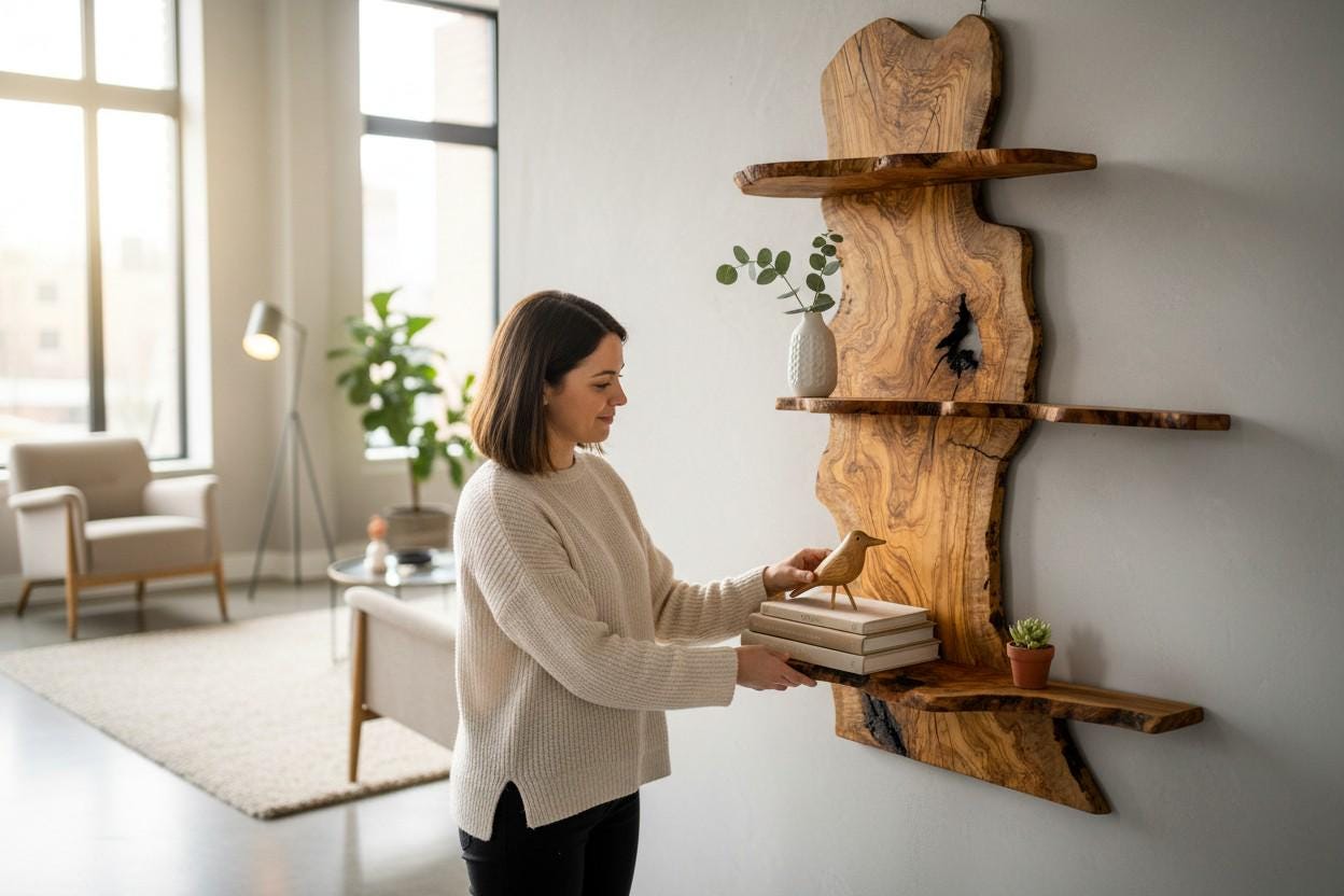 Handcrafted Live Edge Olive Wood Floating Shelf