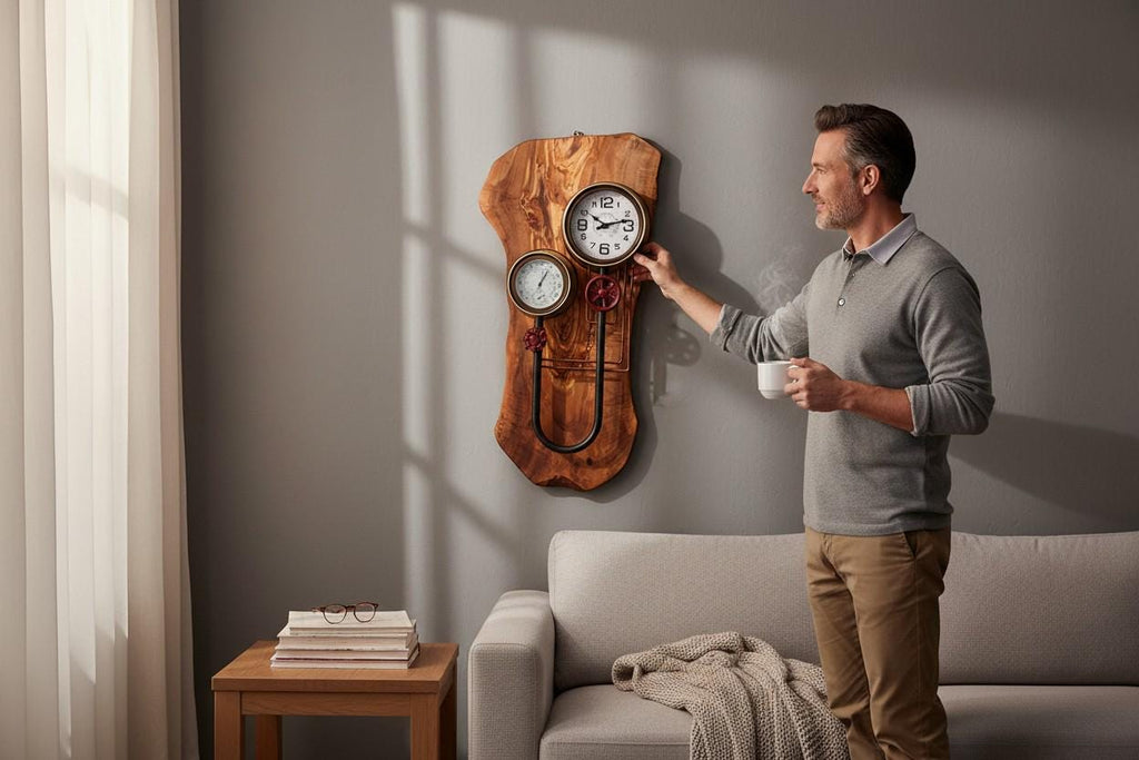 Industrial Steampunk Olive Wood Wall Clock | Luxury Live Edge Weather Station Decor