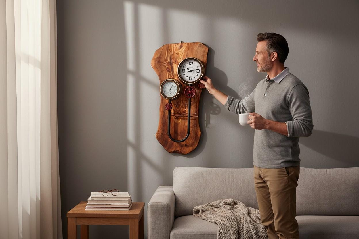 Industrial Steampunk Olive Wood Wall Clock | Luxury Live Edge Weather Station Decor