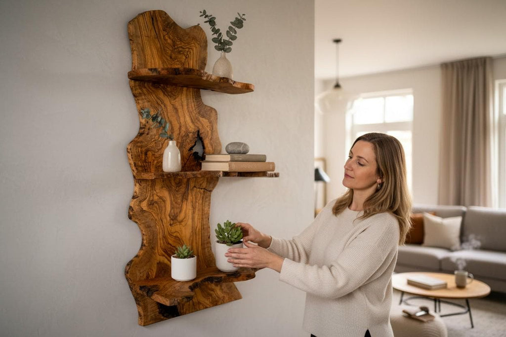 Handcrafted Live Edge Olive Wood Floating Shelf