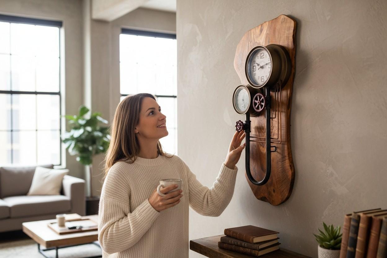 Industrial Steampunk Olive Wood Wall Clock | Luxury Live Edge Weather Station Decor