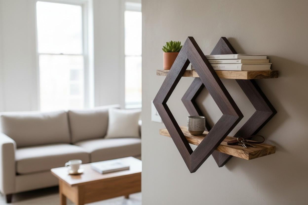 Handmade Geometric olive wood Floating Shelf
