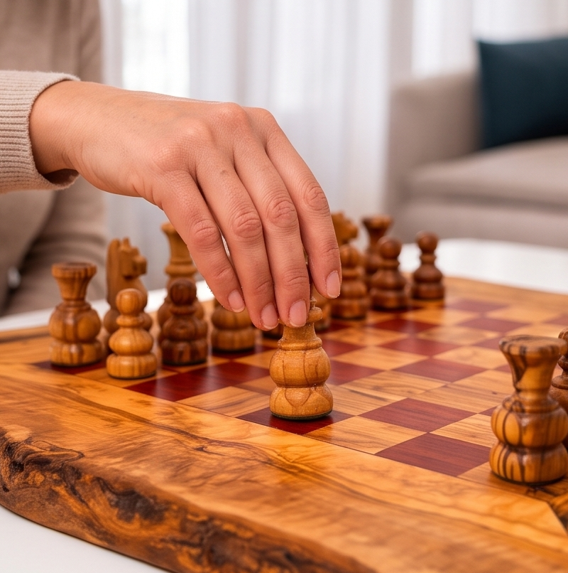 Handcrafted Olive Wood Chess Set – Premium Flat Wooden Chess Board in Red & Black (Multiple Sizes Available)