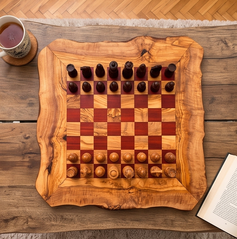 Handcrafted Olive Wood Chess Set – Premium Flat Wooden Chess Board in Red & Black (Multiple Sizes Available)