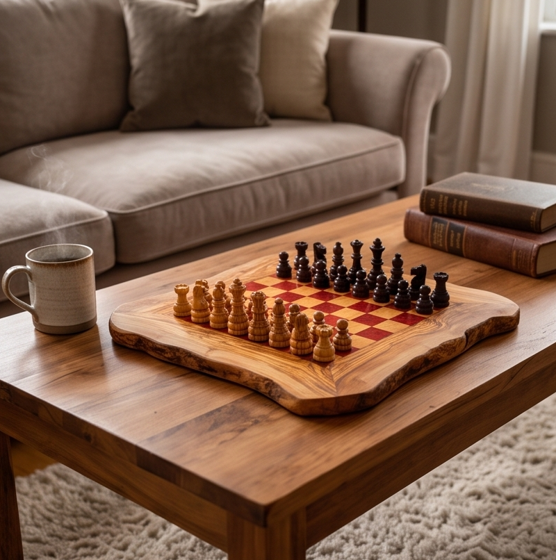 Handcrafted Olive Wood Chess Set – Premium Flat Wooden Chess Board in Red & Black (Multiple Sizes Available)