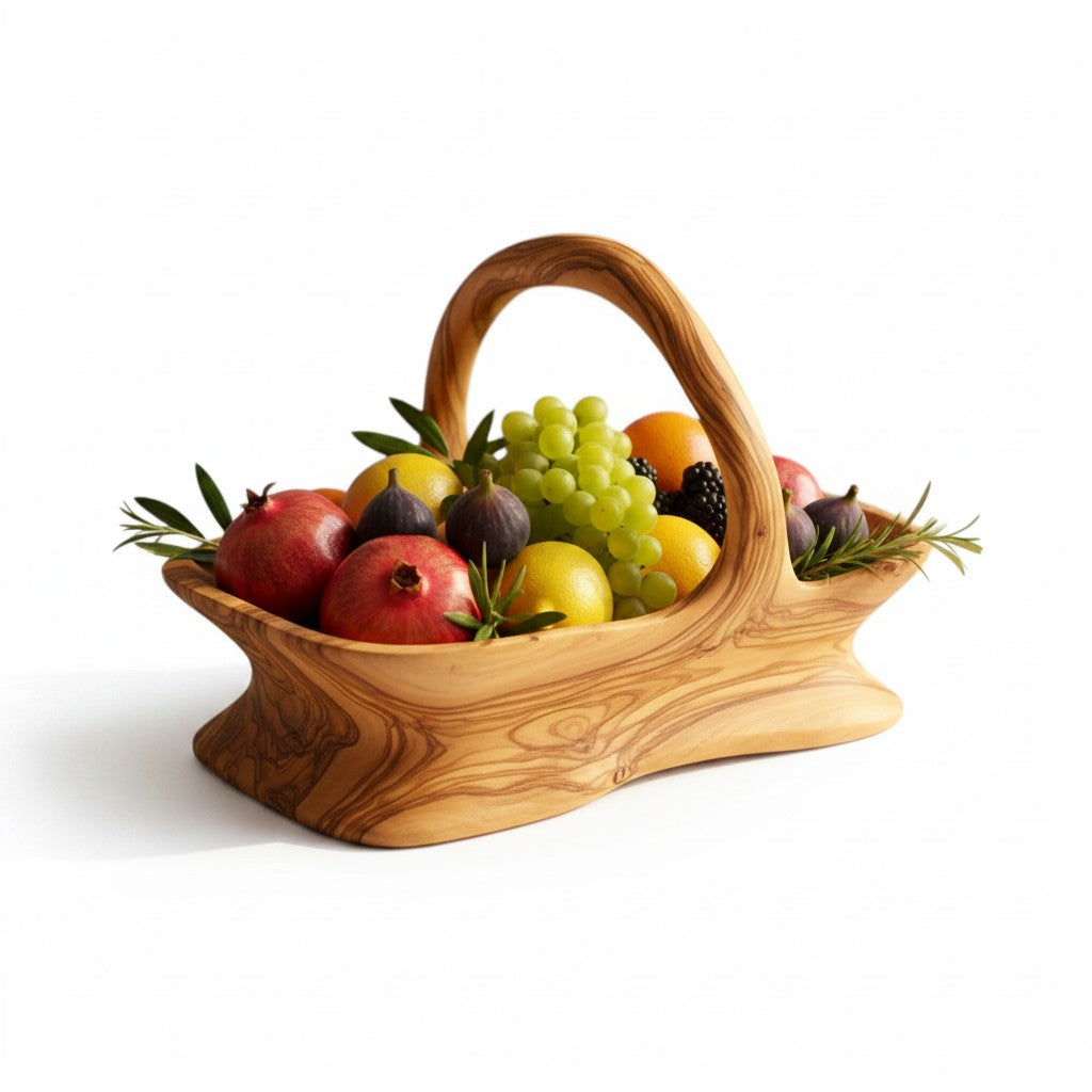 Handcrafted Olive Wood Fruit Basket with Handle  | Rustic Wood Bread Basket & Table Centerpiece | Organic Home Decor