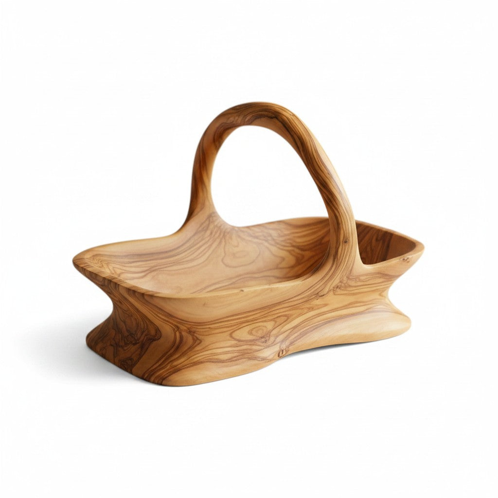 Handcrafted Olive Wood Fruit Basket with Handle  | Rustic Wood Bread Basket & Table Centerpiece | Organic Home Decor
