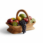 Handcrafted Olive Wood Fruit Basket with Handle  | Rustic Wood Bread Basket & Table Centerpiece | Organic Home Decor