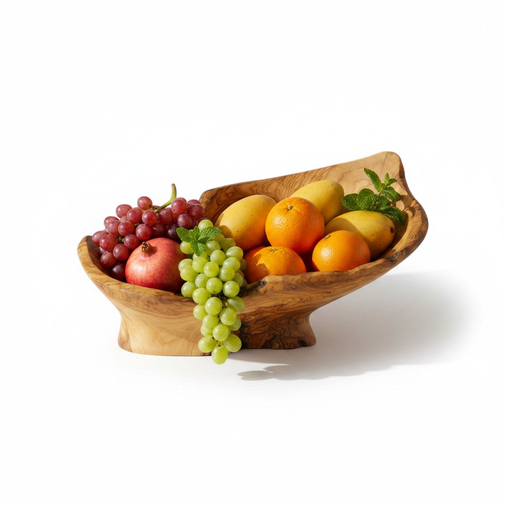 Large Olive Wood Fruit Bowl on Pedestal (55x40x30cm) | Rustic Centerpiece