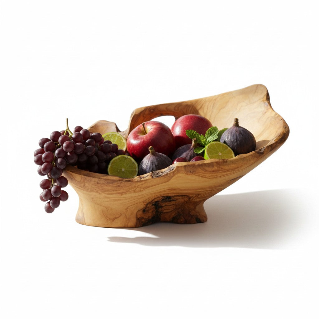 Large Olive Wood Fruit Bowl on Pedestal (55x40x30cm) | Rustic Centerpiece