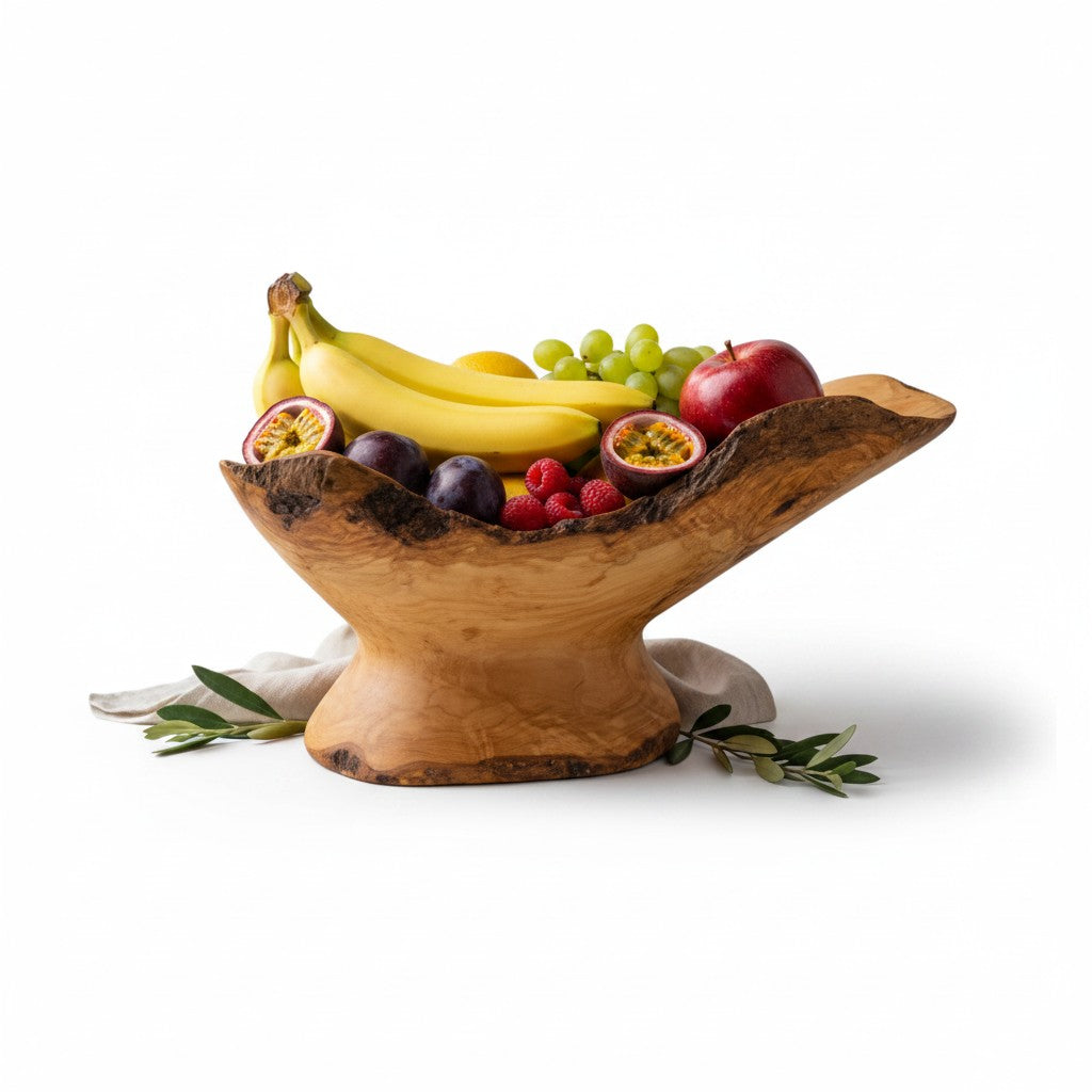 Handcrafted Olive Wood Pedestal Fruit Bowl (45x25x25) | Rustic Table Decor
